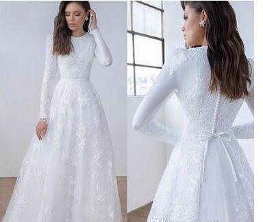 Long Sleeves Lace A-line Modest Wedding Dresses Jewel Neck Sweep Train Simple Vintage Lace Bridal Gowns Custom Made 
