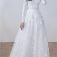 Long Sleeves Lace A-line Modest Wedding Dresses Jewel Neck Sweep Train Simple Vintage Lace Bridal Gowns Custom Made  - Thumbnail 1