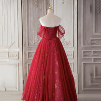Red tulle long A line prom dress red evening dress - Thumbnail 2