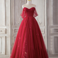 Red tulle long A line prom dress red evening dress - Thumbnail 3