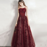 Burgundy tulle long A line prm dress evening dress - Thumbnail 1