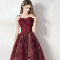 Burgundy tulle long A line prm dress evening dress - Thumbnail 3