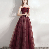 Burgundy tulle long A line prm dress evening dress - Thumbnail 2