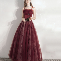 Burgundy tulle long A line prm dress evening dress - Thumbnail 5