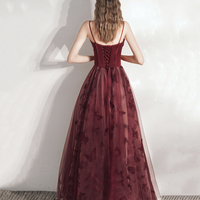 Burgundy tulle long A line prm dress evening dress - Thumbnail 4