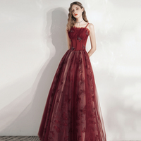 Burgundy tulle long A line prm dress evening dress - Thumbnail 6