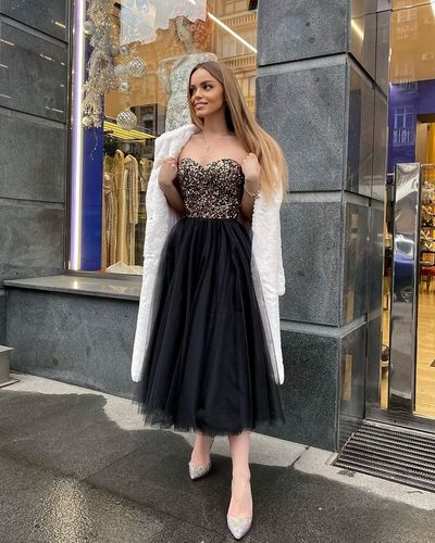 Sparkly A-Line Sweetheart Black Tulle Tea Length Prom Homecoming Dresses