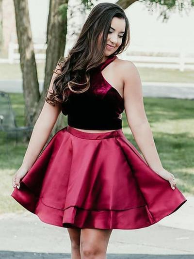 Two Piece Dark Red Short Homecoming Dresses