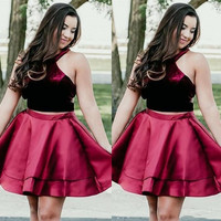 Two Piece Dark Red Short Homecoming Dresses - Thumbnail 1