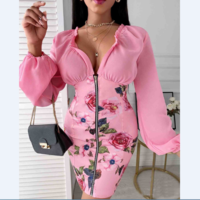 Long Sleeve Zipper Floral Print Dress - Thumbnail 1