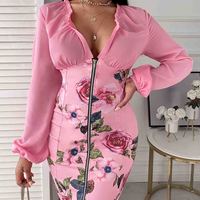 Long Sleeve Zipper Floral Print Dress - Thumbnail 2