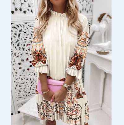 Design Printed Long-Sleeved Ruffle Dress