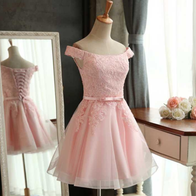 Off shoulder pink lace homecoming dress - Thumbnail 3