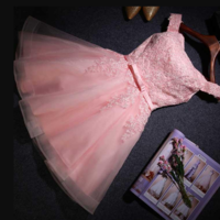 Off Shoulder Pink Lace Homecoming Dress - Thumbnail 1