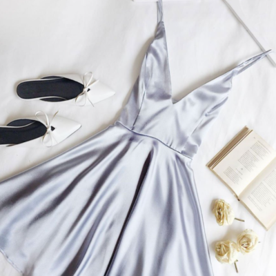 Spaghetti straps v neck silver homecoming dress, graduation dress - Thumbnail 4