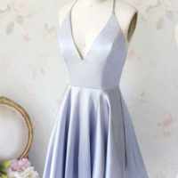 Spaghetti Straps V Neck Silver Homecoming Dress, Graduation Dress - Thumbnail 1