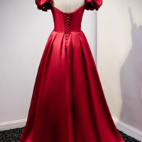 A line burgundy satin long evening dress - Thumbnail 2