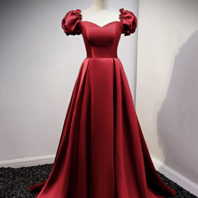 A line burgundy satin long evening dress - Thumbnail 4