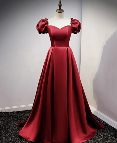 A line burgundy satin long evening dress