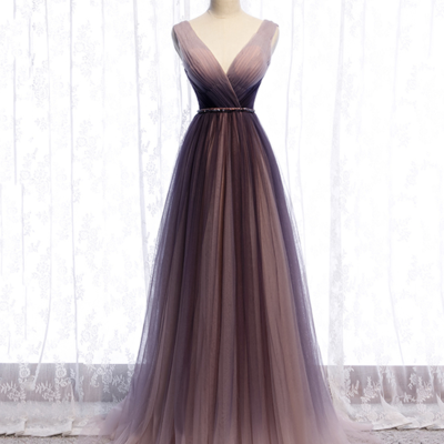 A line v neck tulle long prom dress - Thumbnail 3