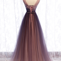 A line v neck tulle long prom dress - Thumbnail 1