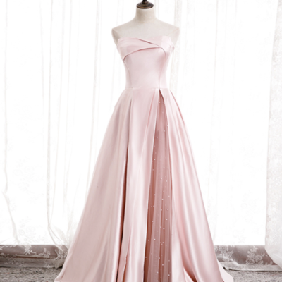 Simple pink satin long prom dress formal dress - Thumbnail 5