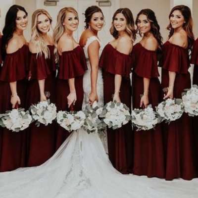 Off the shoulder burgundy chiffon long bridesmaid dress