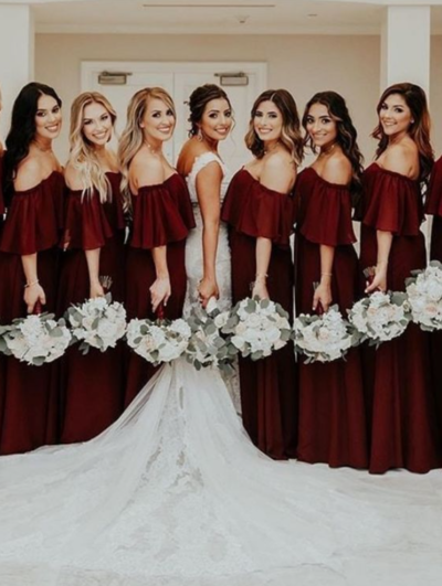 Off the Shoulder Burgundy Chiffon Long Bridesmaid Dress