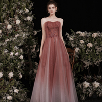 Burgundy tulle long A line prom dress evening dress - Thumbnail 2