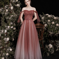 Burgundy tulle long A line prom dress evening dress - Thumbnail 3