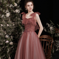 Burgundy tulle long A line prom dress evening dress - Thumbnail 4