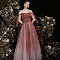 Burgundy tulle long A line prom dress evening dress - Thumbnail 5