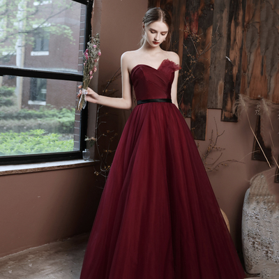 Burgundy off shoulder long  a line prom dress evening dress - Thumbnail 4