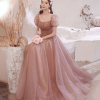 Pink tulle sequins long A line prom dress evening dress - Thumbnail 1