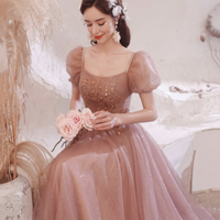 Pink tulle sequins long A line prom dress evening dress - Thumbnail 4