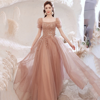 Pink tulle sequins long A line prom dress evening dress - Thumbnail 5