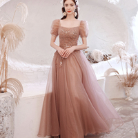 Pink tulle sequins long A line prom dress evening dress - Thumbnail 8