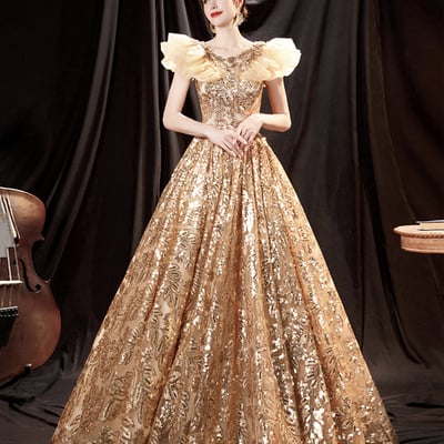 Gold sequins long ball gown dress shiny evening dress - Thumbnail 3