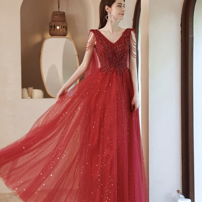 Red tulle beads long a line prom dress evening dress - Thumbnail 3