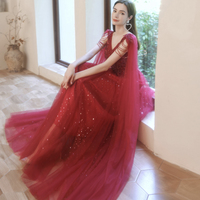 Red tulle beads long A line prom dress evening dress - Thumbnail 2
