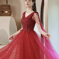 Red tulle beads long A line prom dress evening dress - Thumbnail 3