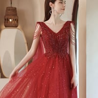 Red tulle beads long A line prom dress evening dress - Thumbnail 4