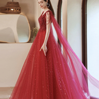 Red tulle beads long A line prom dress evening dress - Thumbnail 5