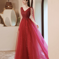 Red tulle beads long A line prom dress evening dress - Thumbnail 8