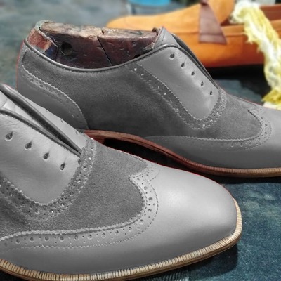 Luxury hand stitch grey wingtip leather suede lace up formal wear shoes - Thumbnail 1