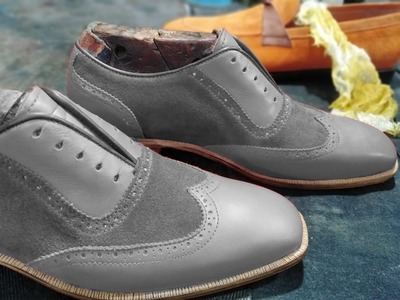 Luxury Hand Stitch Grey Wingtip Leather Suede Lace Up Formal Wear Shoes