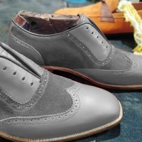 Luxury Hand Stitch Grey Wingtip Leather Suede Lace Up Formal Wear Shoes - Thumbnail 1