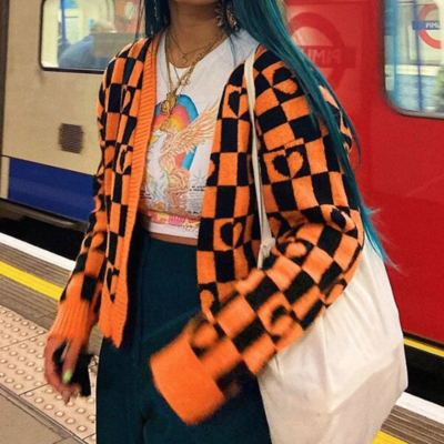 Heart and checker orange cardigan - Thumbnail 4