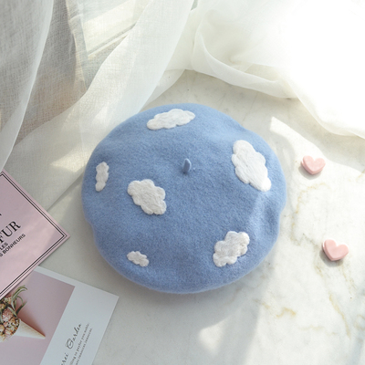 Cute blue sky & white cloud beret hat