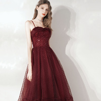 Burgundy tulle beads short prom dress homecoming dress - Thumbnail 3